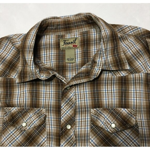 Fossil Pearl Snap Shirt L Men's Brown Plaid L/S Disco Western Cowboy Chest 47" - Picture 5 of 9